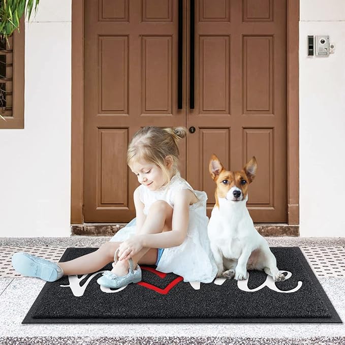 Black Door Mat Welcome Mats Home Non-Slip Doormat for Entryway Low-Profile Floor Mat for Yard, Garage, High Traffic Areas (32"x20", Black)