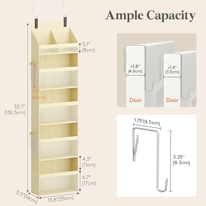 Lifewit 5 Tier Over the Door Diaper Organizer for Nursery, Large Heavy Duty Hanging Storage with 4 Mesh Side Pockets, Sturdy Back of Door Shelf for Baby Stuff Toy in Pantry, Laundry, Bathroom, Beige