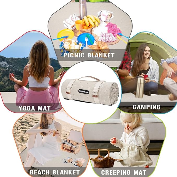 G GOOD GAIN Picnic Blankets Waterproof Extra Large - Outdoor Blanket Sand Free Foldable with Carry Strap for Beach, Camping, Park Grass, Hiking, Travel, Concerts(White Flower)