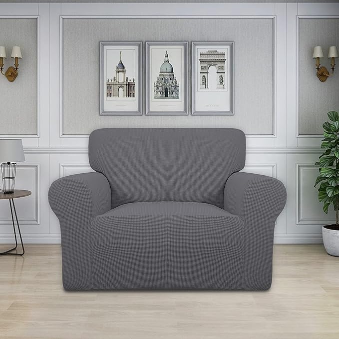 Easy-Going Stretch Oversized Chair Sofa Slipcover 1-Piece Couch Sofa Cover Furniture Protector Soft with Elastic Bottom for Kids Spandex Jacquard Fabric Small Checks Gray