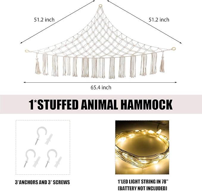 CERETIA Stuffed Animal Hammock with LED Light, Large Stuffed Animals Storage Corner Plushie Net for Kids Room Decor, Jumbo White
