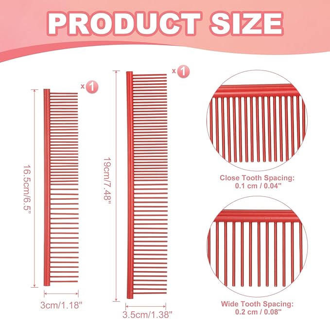 PETAXCELL Dog Cat Comb, Pet Combs Stainless Steel Teeth with Rounded Ends for Knots Mats Loose Hair Removal, 6.5/7.5IN (Red Coated, 2 Pack), Grooming Tool Intended for Long Curly Hair Pet