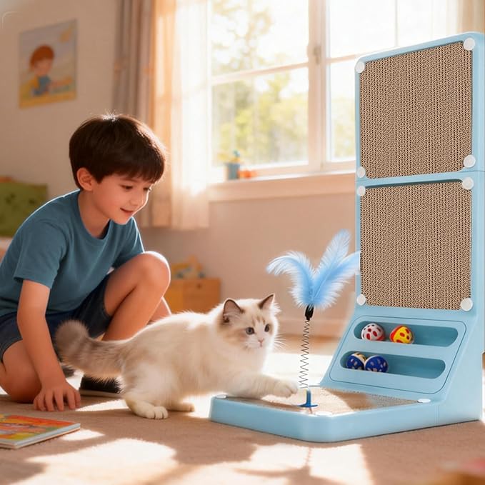 Cat Scratcher Cat Scratch Pad L Shape Wall Mounted Dual Use (Vert/Horiz) Kitten Bunifa Scratching Card Board Vertical Post with Ball Toys Feathers,Protecting Furniture Core is Replaceable Large Blue