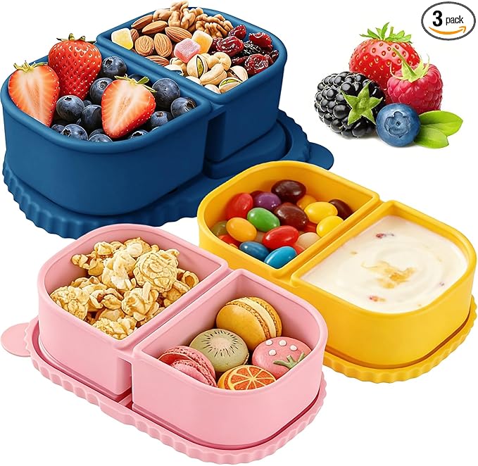 RAYBIN 3 Pack Silicone Reusable Snack Containers with Lids, 2 Compartments Leak-Proof Snackle Box Containers,Portable Silicone Food Storage Box for School,Office,Picnic - BPA Free (Blue, Yellow, Pink)