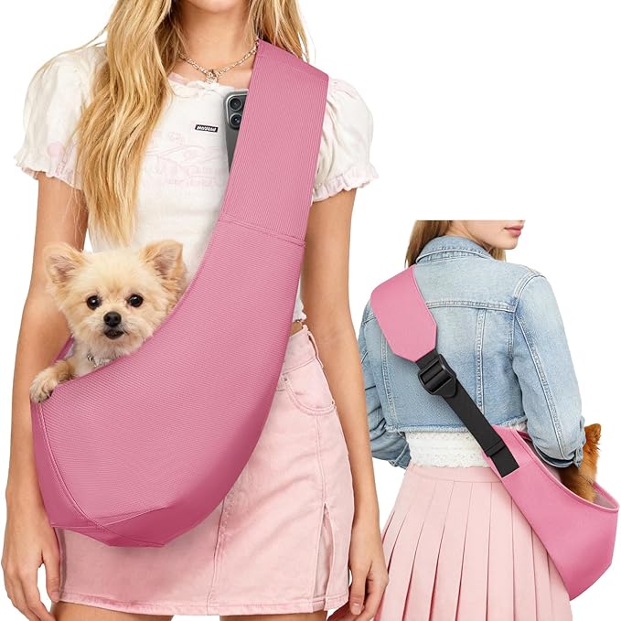 YUDODO Adjustable Dog Sling Carrier for Small Dogs Lightweight Crossbody Pet Bag with Safety Strap, Pocket Storage, Machine Washable, Comfortable Travel & Outdoor Sling up to 9 lbs Pink Fashion