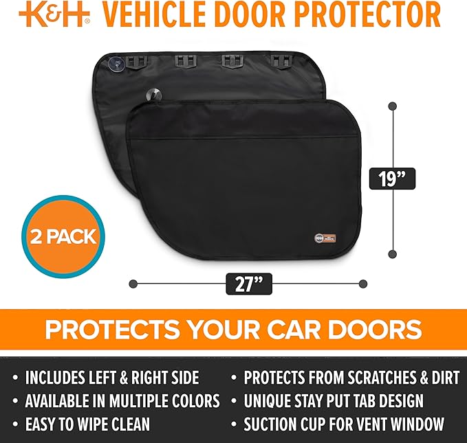 K&H Pet Products Car Door Protector for Dogs, 2 Pack Waterproof Interior Pet Car Door Protector from Dog Scratching, Stay Put Cover Design, Fits Most Vehicles, Washable - 27 x 19in Black
