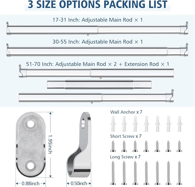 Oval Closet Rod for Hanging Clothes, 90 Lbs Heavy Duty, 17-31 Inch No-Cut Stepless Adjustable, Metal Hanging Rod for Wardrobe, Laundry Room, Closet (Chrome)