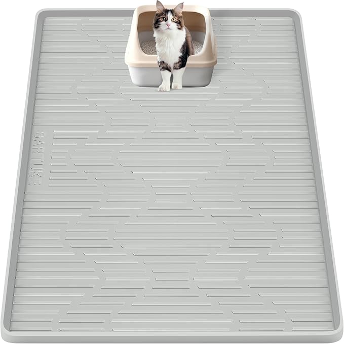 Silicone Cat Litter Mat, 46" x 32" Extra Large Cat Litter Box Mat Litter Trapping Mat for Scatter Control, Waterproof, Soft on Kitty Paws, Clean Floor (Grey)