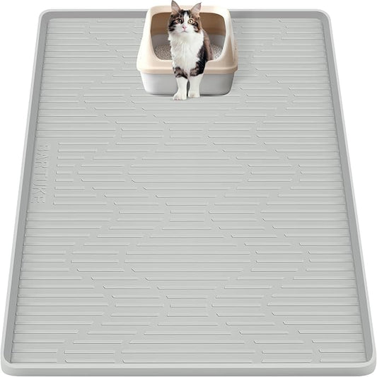 Silicone Cat Litter Mat, 46" x 32" Extra Large Cat Litter Box Mat Litter Trapping Mat for Scatter Control, Waterproof, Soft on Kitty Paws, Clean Floor (Grey)