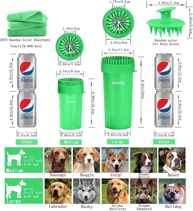 Kabetig Dog Paw Cleaner for Meduim/Small Breed Dogs with 3Pcs Absorbent Towels & Graspable Dog Bath Brush (Green, Medium)