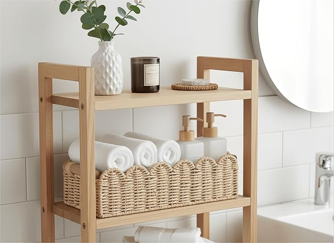 CubesLand Bathroom Basket Organizer, Toilet Tank Paper Storage Baskets 2-Pack, Scalloped Decorative Basket for Countertop w/Handle, Wicker Basket for Bathroom Decor, Home Decor, Living Room, Beige