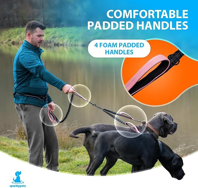 SparklyPets - Hands Free Dual Dog Leash for Medium and Large Female Dogs - Padded Handles, Reflective Stitches, No Pull, Tangle Free - Walking, Hiking, Jogging, Canicross Waist Leash - Gradient Pink
