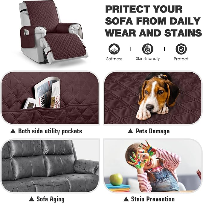 TAOCOCO 100% Waterproof Recliner Chair Cover Non-Slip Reclining Cover for Recliner Chair Washable Chair Seat Cover with Elastic Straps for Pets Sofa Slipcover with Pocket (Oversized 28'', Coffee)