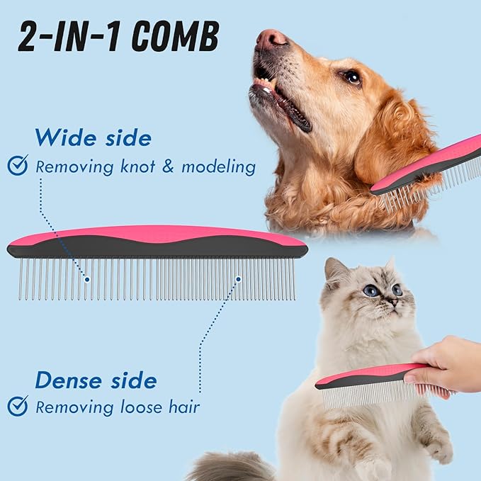 Pet Grooming Brush & Comb Combo, Cat & Dog Brush for Shedding & Dematting, Undercoat Rake for Long-haired Pets, Pink