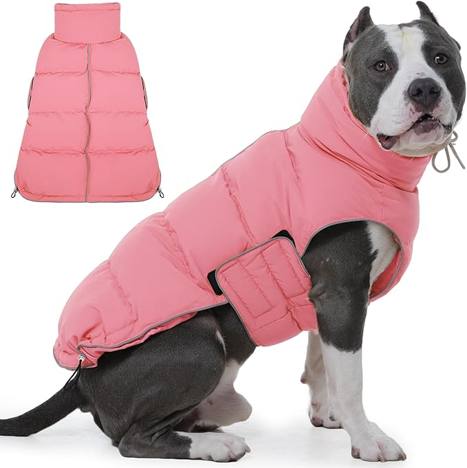 FUAMEY Dog Puffer Jacket for Large Dogs,Dog Cold Weather Coats Winter Dogs Down Jackets Waterproof Pet Snowsuits Warm Puppy Winter Vest Turtleneck Pets Adjustable Jackets Coats Pink XXXL