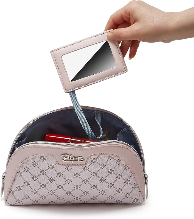 BOYATU Small Travel Makeup Bag for Women: Elegant Vegan Leather Cosmetic Pouch for Purse - Waterproof Toiletry Bag with Mirror(012-Pink)