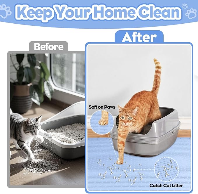 Bartuke Cat Litter Mat, Extra Large 40" x 28" Silicone Mat Litter Trapping Mat for Scatter Control, Soft on Kitty Paws, Easy to Clean (Blue)
