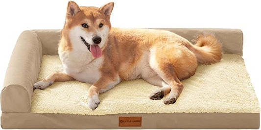 Patas Lague Orthopedic Dog Bed Large Sized Dog 36''X24'', Waterproof L Bolster Medium Pet Sofa Beds with Removable Washable Cover, Soft Pet Couch Crate Mat with Nonskid Bottom, Beige