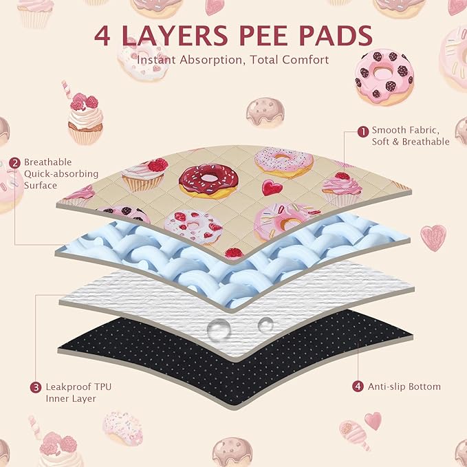 IEUUMLER Washable Pee Pads for Dogs, 2 Pack Cake Pattern Reusable Waterproof Puppy Potty Pads, Non-Slip Absorbent Pet Training Pads for Playpen Crate Bed EU015 Beige Cake, 41x41