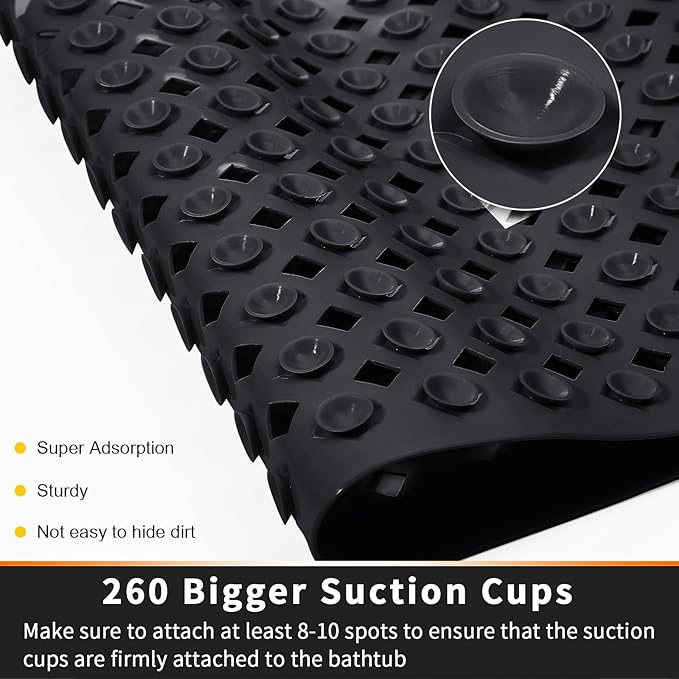 Yimobra Non Slip Bath Mat, Super Strong Suction Cups,34.5"x15.5"Long Tub Mat with Drain Holes, Machine Washable Fast Draining Shower Mats, Bathroom Essentials,Black