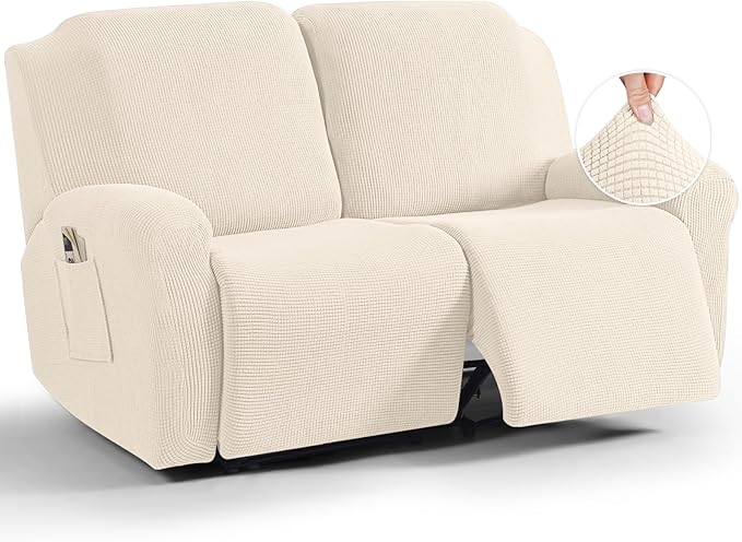 TAOCOCO Recliner Loveseat Slipcover, 6 Pieces Dual Recliner Sofa Covers for 2 Seat Dual Reclining Loveseat Couch, Stretch Soft Jacquard Pattern Furniture Protector with Elasticity (2XL, Beige)