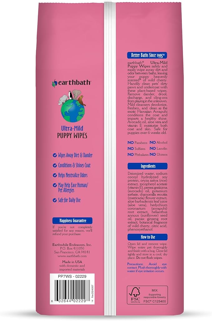 Earthbath PB6S All Natural Puppy Grooming Wipes, 100 Wipes