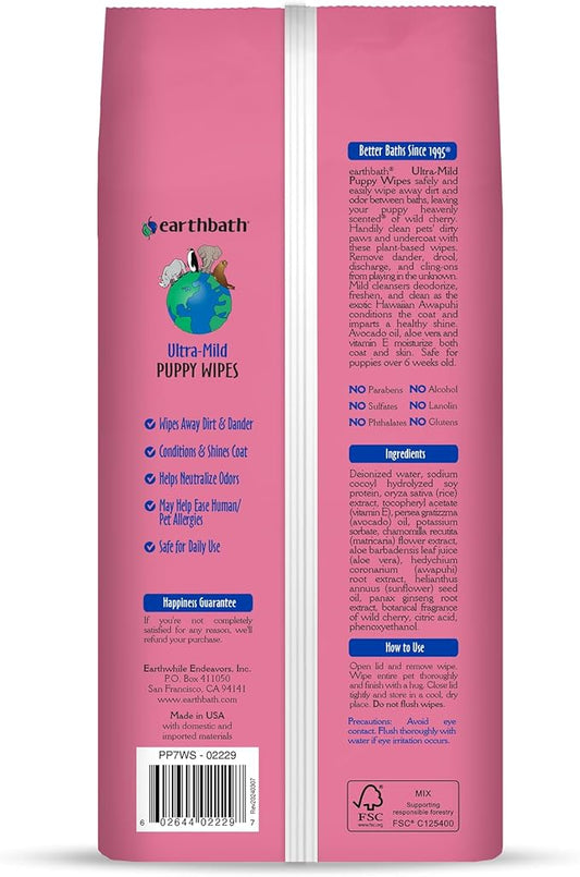 Earthbath PB6S All Natural Puppy Grooming Wipes, 100 Wipes