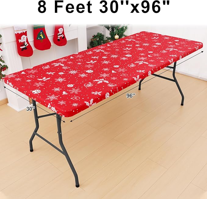 misaya Rectangle Vinyl Tablecloth, Fitted Table Cover, 100% Waterproof, Elastic Edge, Flannel Backing, Plastic Table Cloth Fit 8 Foot Folding Tables for Christmas Dinner (Bells, 30x96 inch)