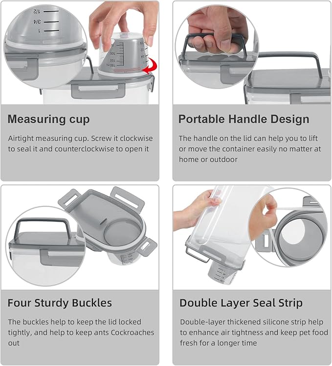 LEAWALK 3-5Lbs/3Qt Dog Cat Food Storage Container With foldable bowl. Plastic Pet Food Dispenser for Small Animal Kibble/Pet Food/Bird Seed/Oatmeal/Rice/Flour/Brown Sugart/Cereals (Clear Grey)