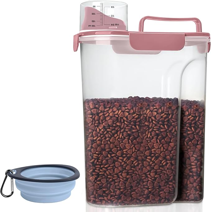 LEAWALK 5-7Lbs Small Cat Dog Food Storage Containers BPA Free, Airtight Pet Food Storage Containers with Large Pour Spout/1 Measuring Cup/ 4 Safety Locks and With Folding Bowl (Rose Pink)