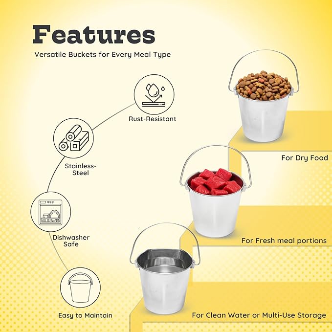 AASPIRE PETS 6 Quart Stainless Steel Flat Side Bucket | Durable Heavy Duty Food & Water Feeding Pails for Dog Cat Goat Sheep | Fits kennels Cages Critter Crates Hanging Pet Pail | Multipurpose Buckets