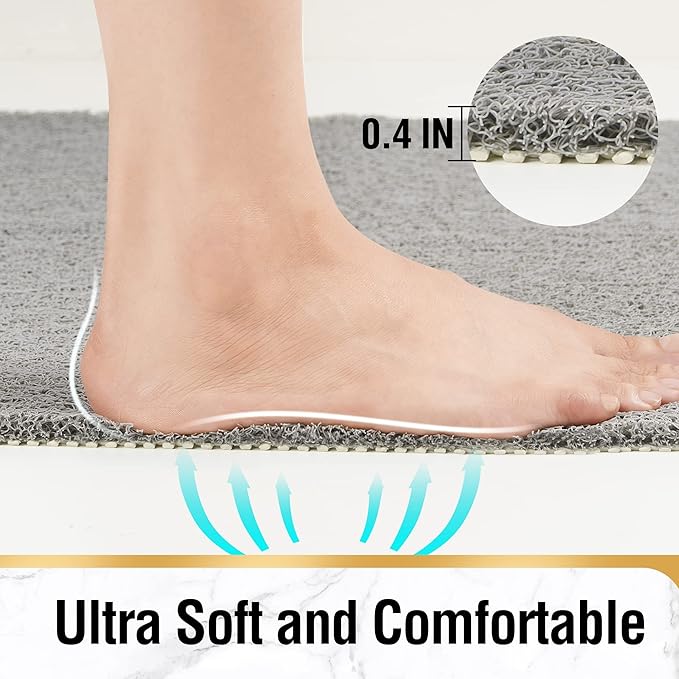 HITSLAM Non Slip Bathtub Mat 40 x 16 Inch, Extra Long Bath Mat for Tub, Soft PVC Loofah Shower Floor Mat with Drain, Quick Drying Bathroom Tub Mat for Wet Area, Without Suction Cup, Grey
