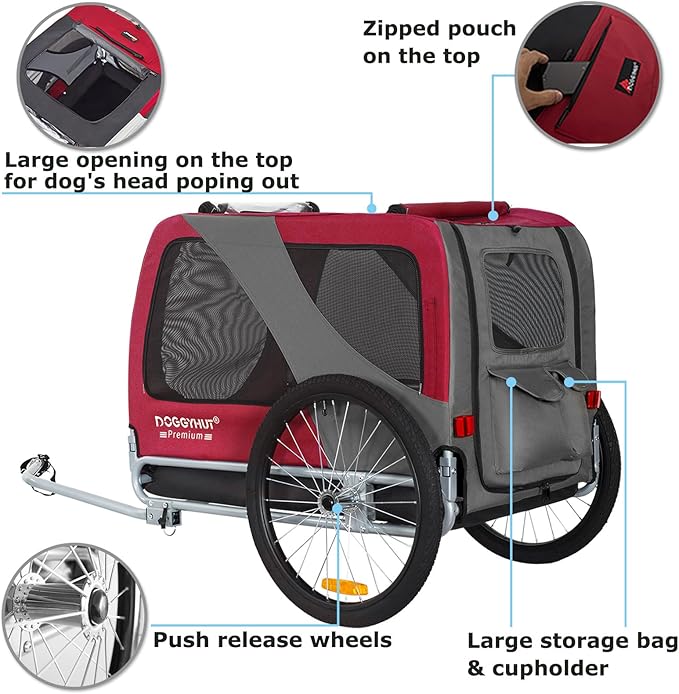 DOGGYHUT® Premium XL Pet Bike Trailer for Large Dog or Multiple Small Dogs, Up to 100 lbs,Dog Bicycle Carrier,Low Center of Gravity,Easy Folding Frame Cart