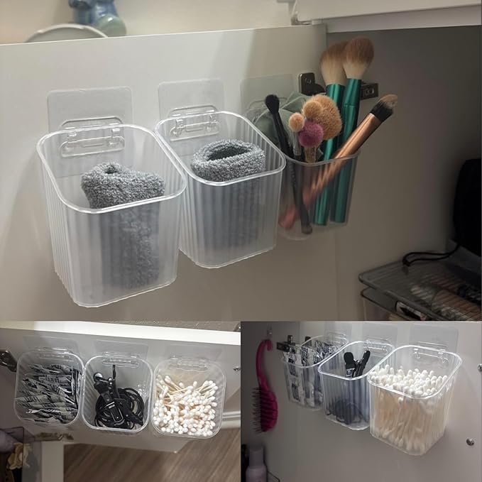 6Pack small Wall Mount Organizer, Adhesive Cabinet Door Storage Bins, Clear Makeup Container, Stackable Organizer Basket for Kitchen, Bathroom, rv, Pantry, Office，Refrigerator Small Items storage