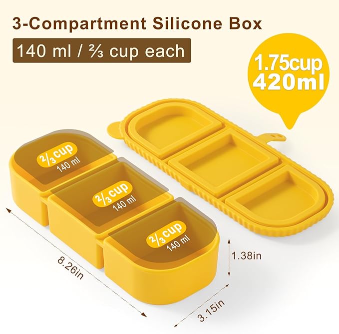 Silicone Snack Containers for Kids, 3-Compartment Reusable Small Snackle Box with Airtight Lids for Lunchable, Sauce, School, Travel, Work（1Pack-14oz）