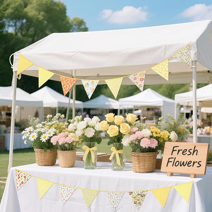 G2PLUS 39Ft Triangle Bunting Banner, 42Pcs Yellow Floral Garland Pennant Banner, Reusable Cotton Triangle Flags Party Decoration for Birthday, Wedding, Garden Tea Party, Baby Shower, Room Decor
