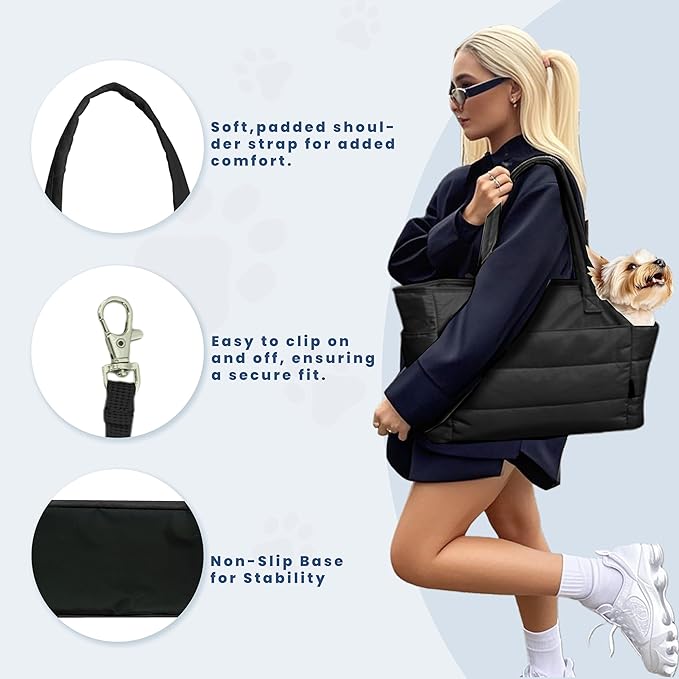 Lightweight Dog Purse Carrier for Small Dogs Under 15 lbs, Puffy Quilted Pet Carrier Tote for Puppies with Safety Leash Clip, Women's Hands-Free Dog Carrier Bag, Matte Black