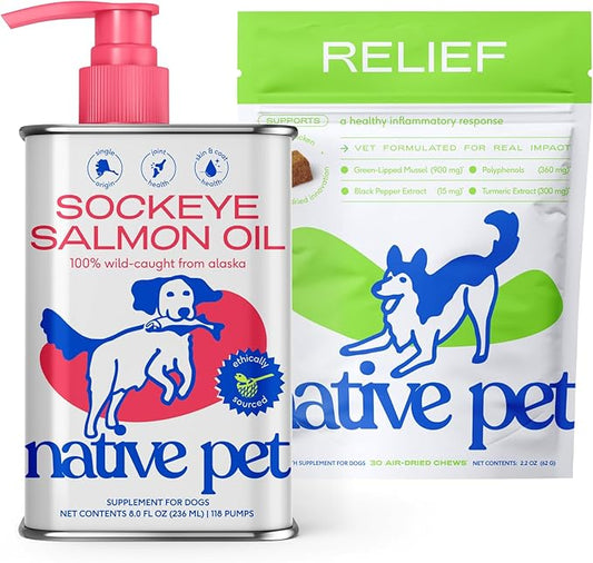 Native Pet Joint & Comfort Bundle: Sockeye Salmon Oil (8 Oz.) & Relief Chews (30 Air Dried Chews) - Anti-Inflammatory Promotes Healthy Skin, Shiny Coat, & Strong Joints