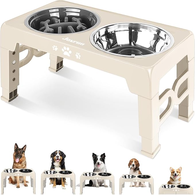 Jovrun Elevated Dog Bowls, Dog Feeder with Stainless Steel Dishes & Slow Feeder Bowl, 5 Heights Adjustable Raised Stand for Medium Large, Food Dishes with Non-Slip Feet