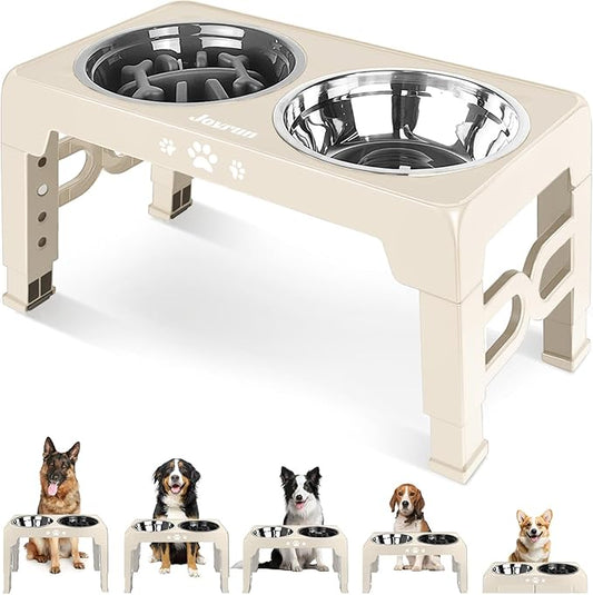 Jovrun Elevated Dog Bowls, Dog Feeder with Stainless Steel Dishes & Slow Feeder Bowl, 5 Heights Adjustable Raised Stand for Medium Large, Food Dishes with Non-Slip Feet