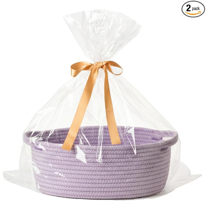 Small Woven Gift Basket Empty with Bag & Ribbon - Gifts for Mom, Baby Shower, Birthdays & Raffle - Cotton Rope Storage Basket for Dog Toys or Shelf - 12"x8"x5", Purple, 2 Packs