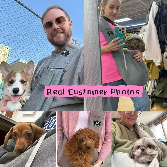 Dog Sling Carrier for Small Dogs up to 15 lbs - Hands Free Puppy Sling (Size M) - Ergonomic Padded Strap & Safety Hook Based on Owner's Bust, Caramel