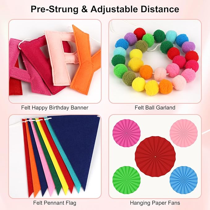 Pre-Strung 3D Felt Happy Birthday Banner, Reusable Rainbow Birthday Party Decorations for Kids Adults, Happy birthday Sign with Felt Ball Garland, Pennant Flag, Hanging Paper Fans