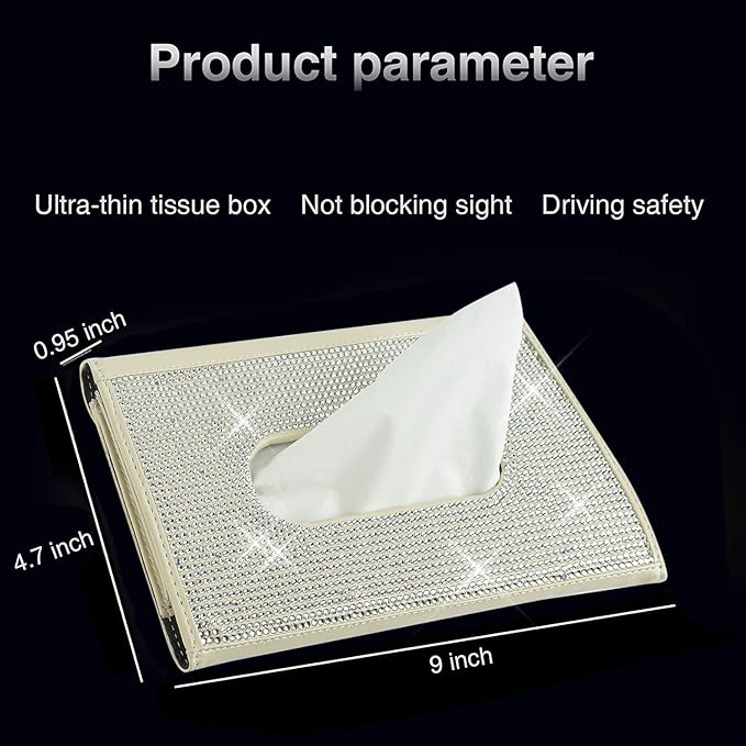 ChuLian Bling Bling Car Visor Tissue Holder Leather Crystals Paper Towel Cover Case & Glitter Sunglasses Clip for Women Beige