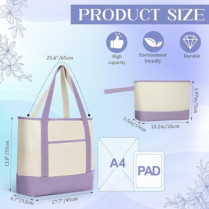 Sanwuta Canvas Tote Bags Bulk with Outer Pocket and Makeup Pouch 18'' Reusable Grocery Bags with Handles for Women Beach DIY