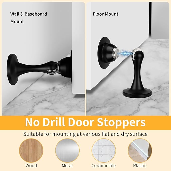 Bak Bo 3 Pack Magnetic Door Stopper, Strong Magnetic Door Holder Keep Door Open, Zinc Alloy Door Catch for Wall & Floor Mounting, No Drilling Door Stop with Adhesive Matte Black