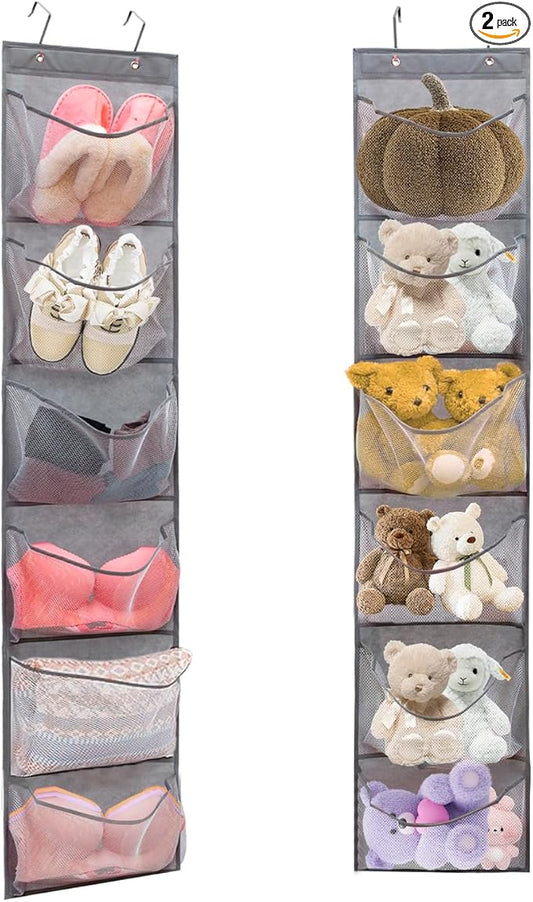 2 Pack Over the Door Shoe Organizer Hanging Stuffed Animals Storage Diaper Holder Clothes Shelve for Closet with 6 Large Pockets (Mesh Pockets - 2 Pack)
