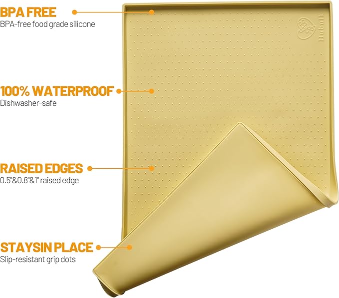Hubulk Dog Feeding Mat,100% Waterproof Food Grade Silicone Pet Food and Water Bowl Placemat,Dishwasher, High Raised Edge to Prevent Spills,Nonslip Tray to Stop Messes on Floor（28"x18"x0.8", Yellow）