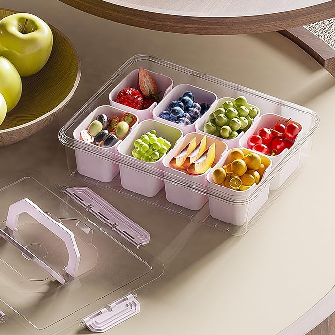 REBECAT Divided Serving Tray with Lid and Handles 8 Compartments Snack Box Container Charcuterie Organizer Snackle Box Container for Candy,Nuts，Fruits,Snacks,3 Pack,Pink
