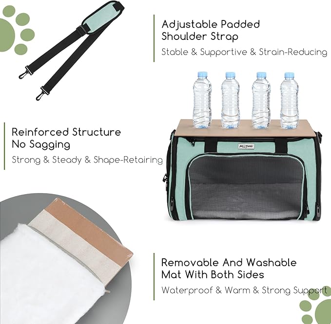 Pet Carrier for Cats & Small Dogs, Travel Carrier with Anti-Collapse Support, Chew Resistant Buckles, Luggage Sleeve, Multi-Pocket Storage, Reversible Mat & Bowl (Green, Medium (17.5"x11"x11.5"))